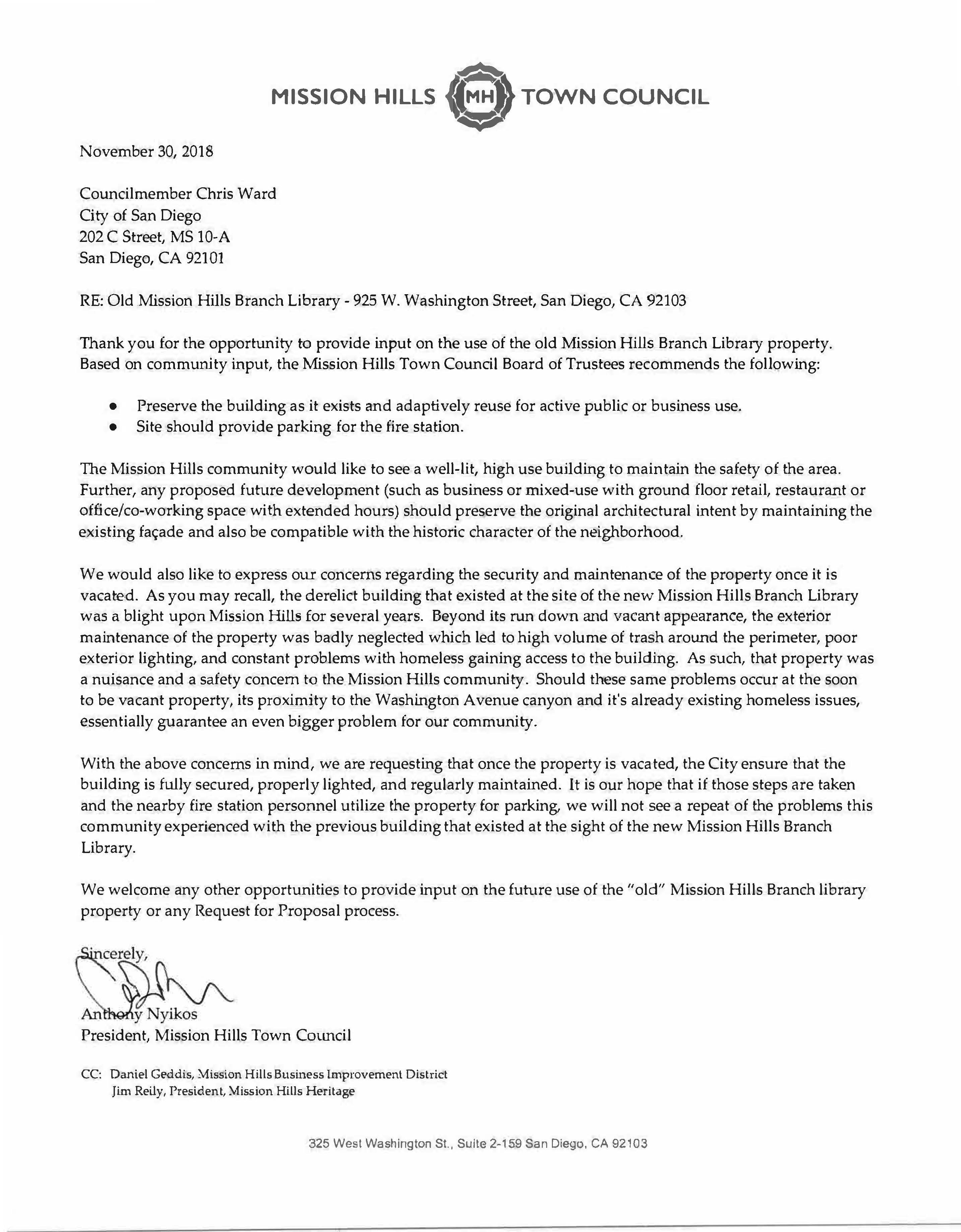MHTC - Letter to Chris Ward Regarding Old Mission Hills Library